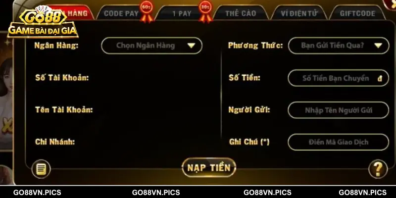 Nạp tiền Go88 thông qua ngân hàng