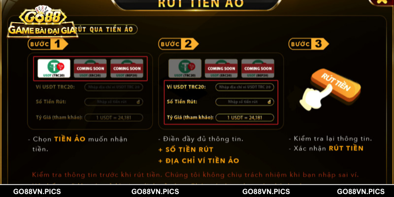 Rút tiền Go88 bằng ví tiền ảo
